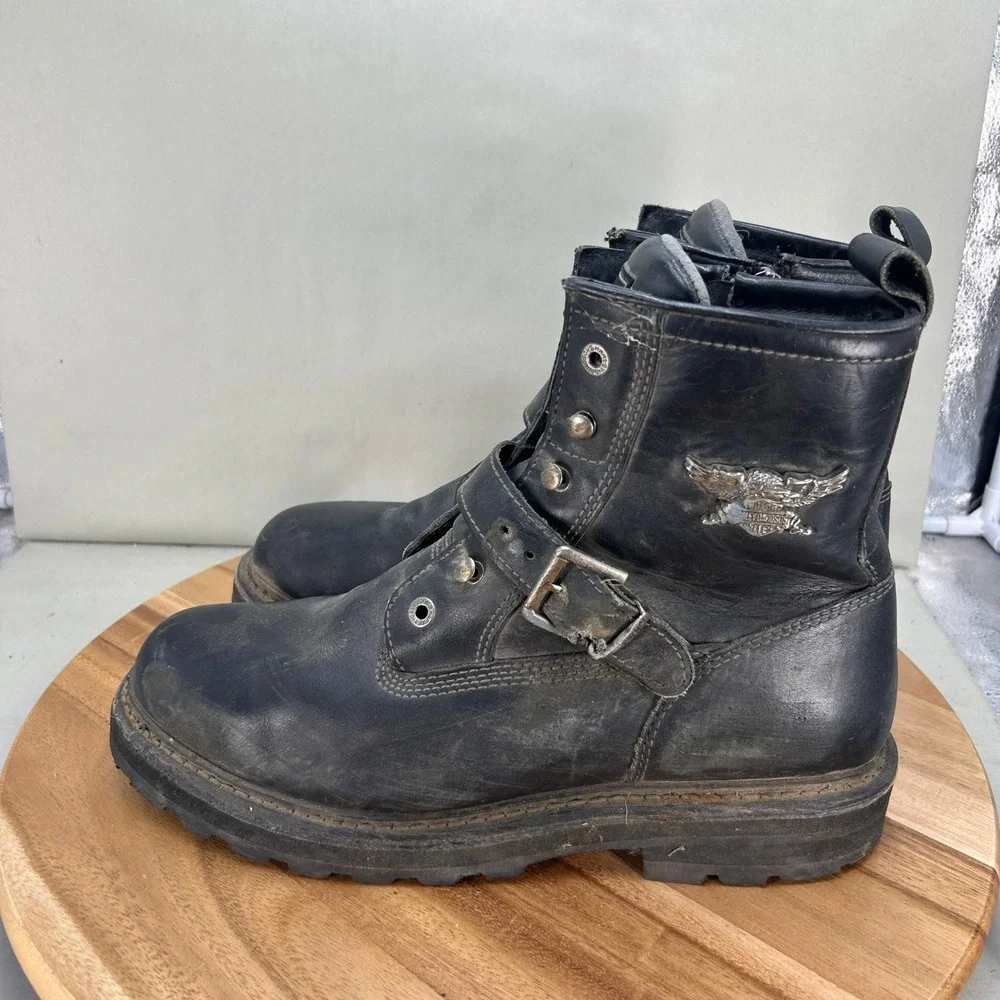 Harley Davidson Mens Black Leather Biker Boots Side Zip Buckle Size 13 95133